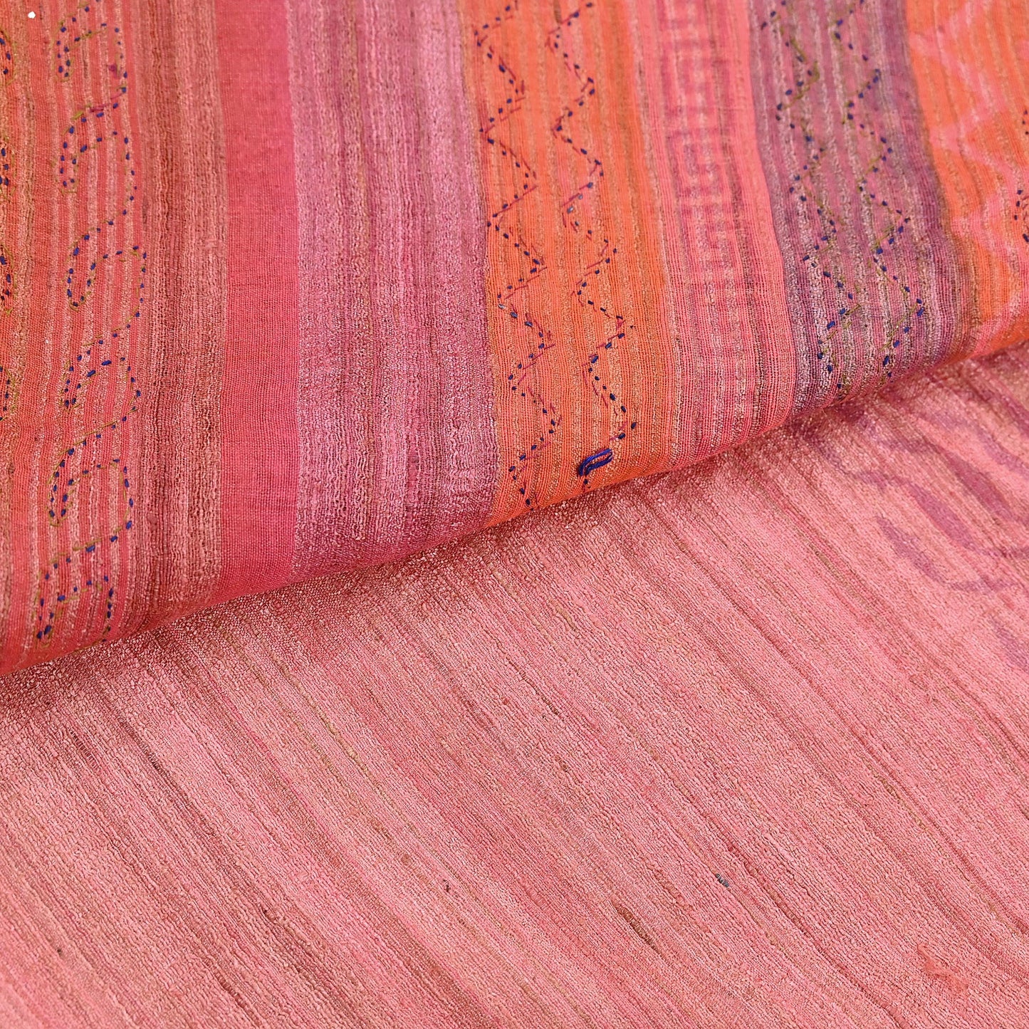 Indian Vintage Saree Peach & Orange Pure Khadi Silk Handloom Hand Beaded Sari Fabric 6yard Ethnic Dressmaking Crafting Upcycle Quilting