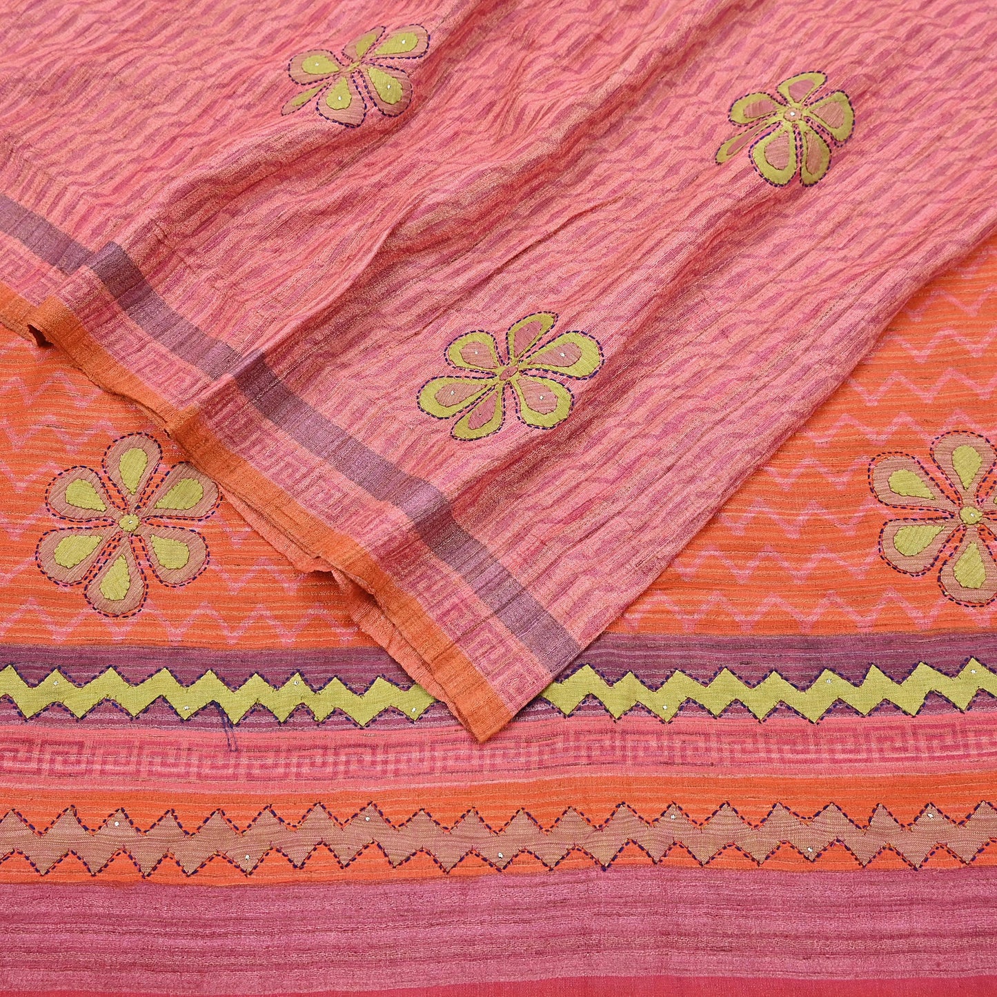 Indian Vintage Saree Peach & Orange Pure Khadi Silk Handloom Hand Beaded Sari Fabric 6yard Ethnic Dressmaking Crafting Upcycle Quilting