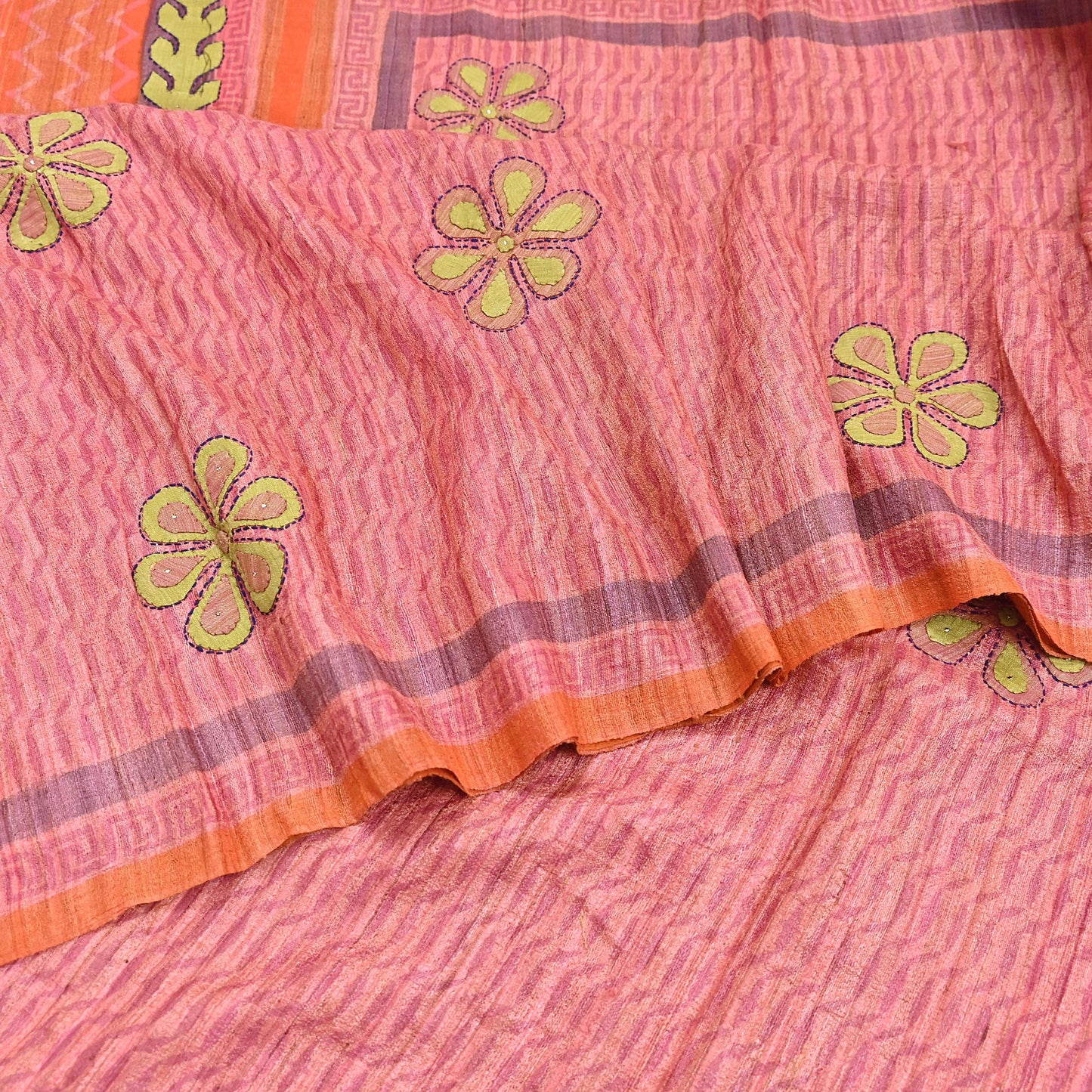 Indian Vintage Saree Peach & Orange Pure Khadi Silk Handloom Hand Beaded Sari Fabric 6yard Ethnic Dressmaking Crafting Upcycle Quilting