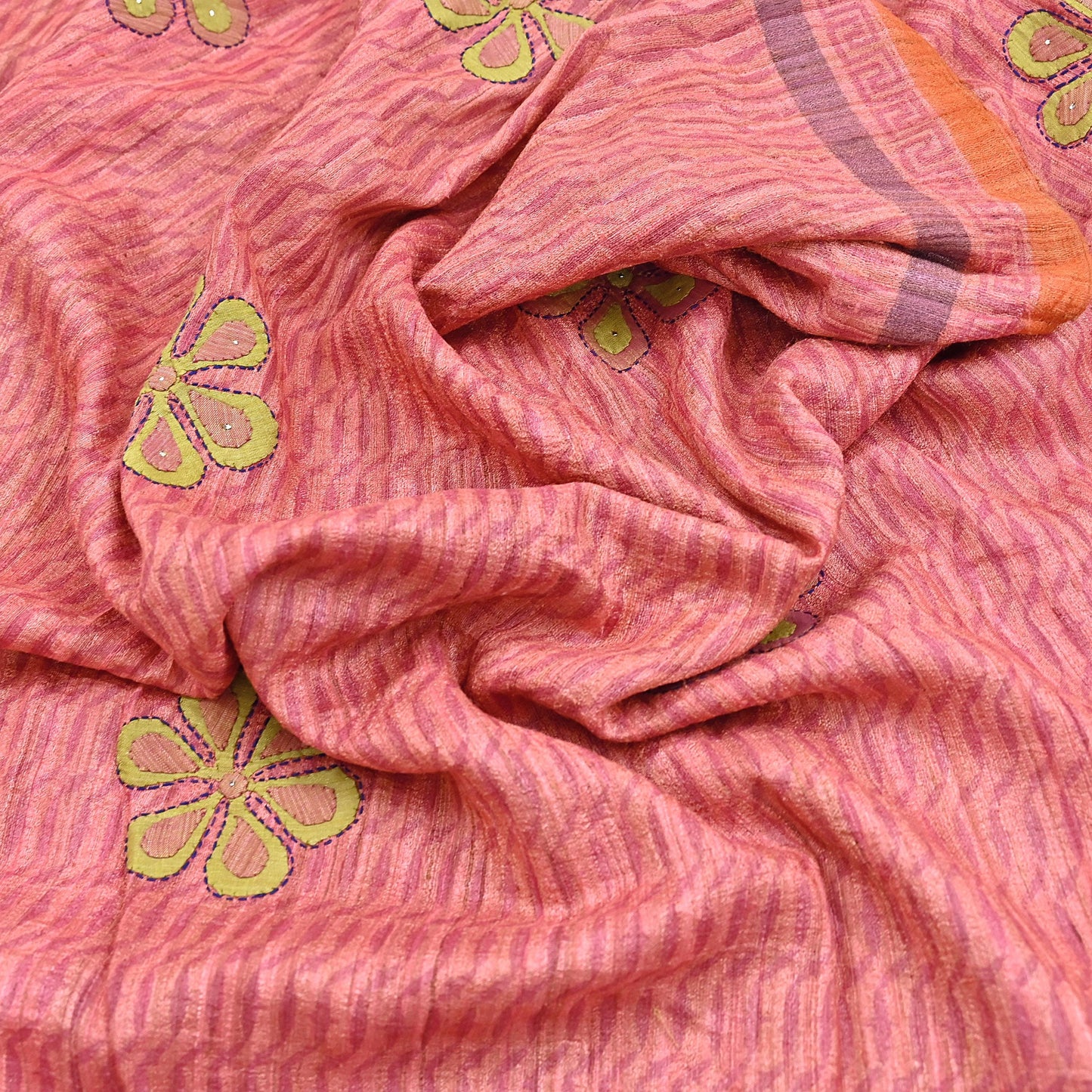 Indian Vintage Saree Peach & Orange Pure Khadi Silk Handloom Hand Beaded Sari Fabric 6yard Ethnic Dressmaking Crafting Upcycle Quilting