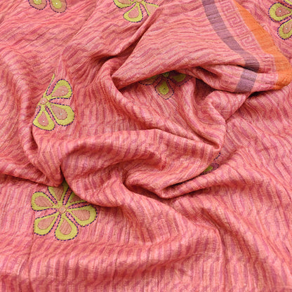 Indian Vintage Saree Peach & Orange Pure Khadi Silk Handloom Hand Beaded Sari Fabric 6yard Ethnic Dressmaking Crafting Upcycle Quilting