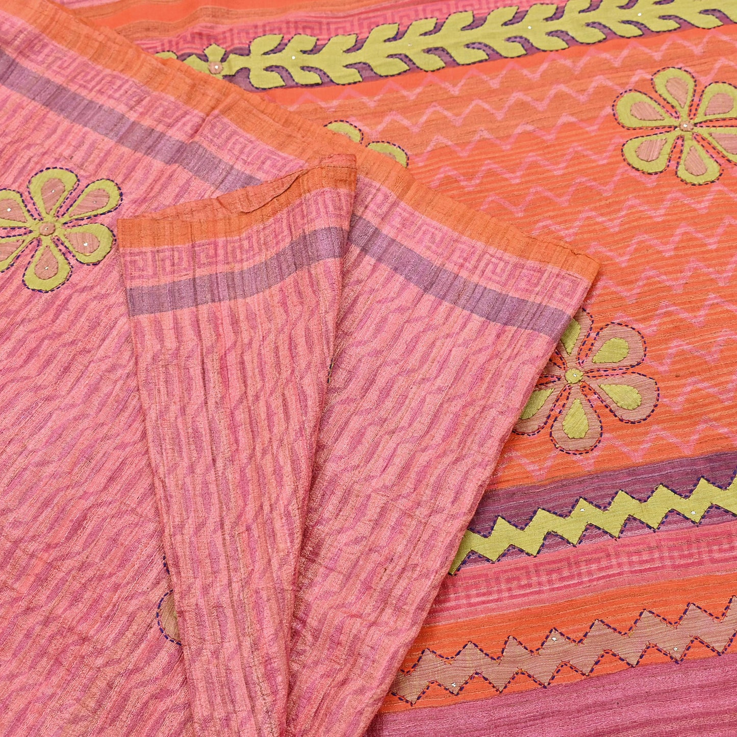 Indian Vintage Saree Peach & Orange Pure Khadi Silk Handloom Hand Beaded Sari Fabric 6yard Ethnic Dressmaking Crafting Upcycle Quilting