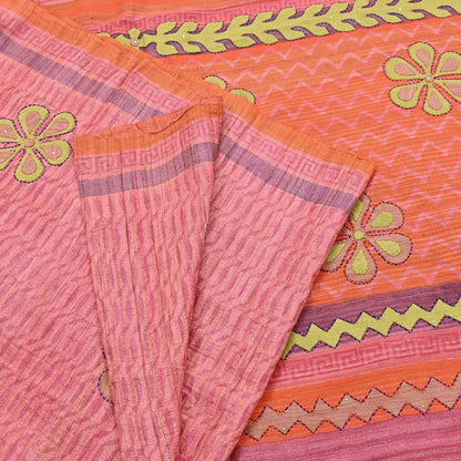 Indian Vintage Saree Peach & Orange Pure Khadi Silk Handloom Hand Beaded Sari Fabric 6yard Ethnic Dressmaking Crafting Upcycle Quilting