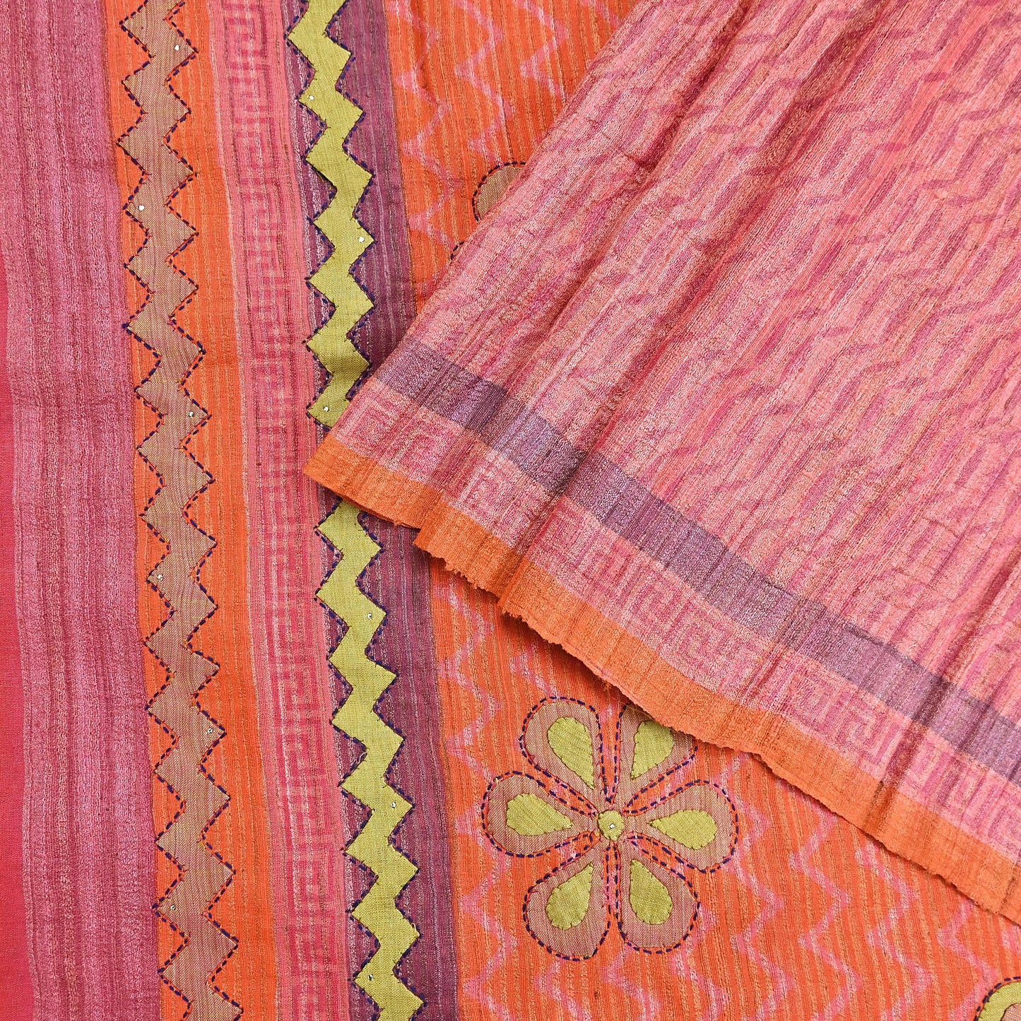 Indian Vintage Saree Peach & Orange Pure Khadi Silk Handloom Hand Beaded Sari Fabric 6yard Ethnic Dressmaking Crafting Upcycle Quilting