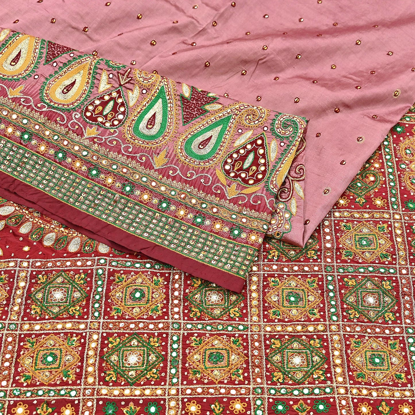 Indian Vintage Kanjivaram Saree Heavy Hand Embroidered Pure Silk Peach & Red Bridal Fabric 5 Yards Dress Making Bollywood Sarees