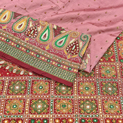 Indian Vintage Kanjivaram Saree Heavy Hand Embroidered Pure Silk Peach & Red Bridal Fabric 5 Yards Dress Making Bollywood Sarees