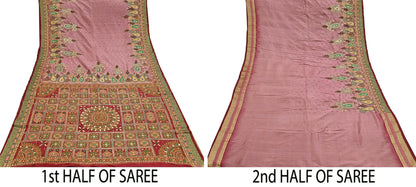 Indian Vintage Kanjivaram Saree Heavy Hand Embroidered Pure Silk Peach & Red Bridal Fabric 5 Yards Dress Making Bollywood Sarees