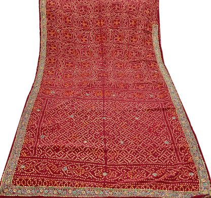 Indian Vintage Maroon Saree Hand Embroidered Bandhani Printed Sari 100% Pure Crepe Silk Indian Sari Fabric 5yard Soft Craft Fabric Beaded