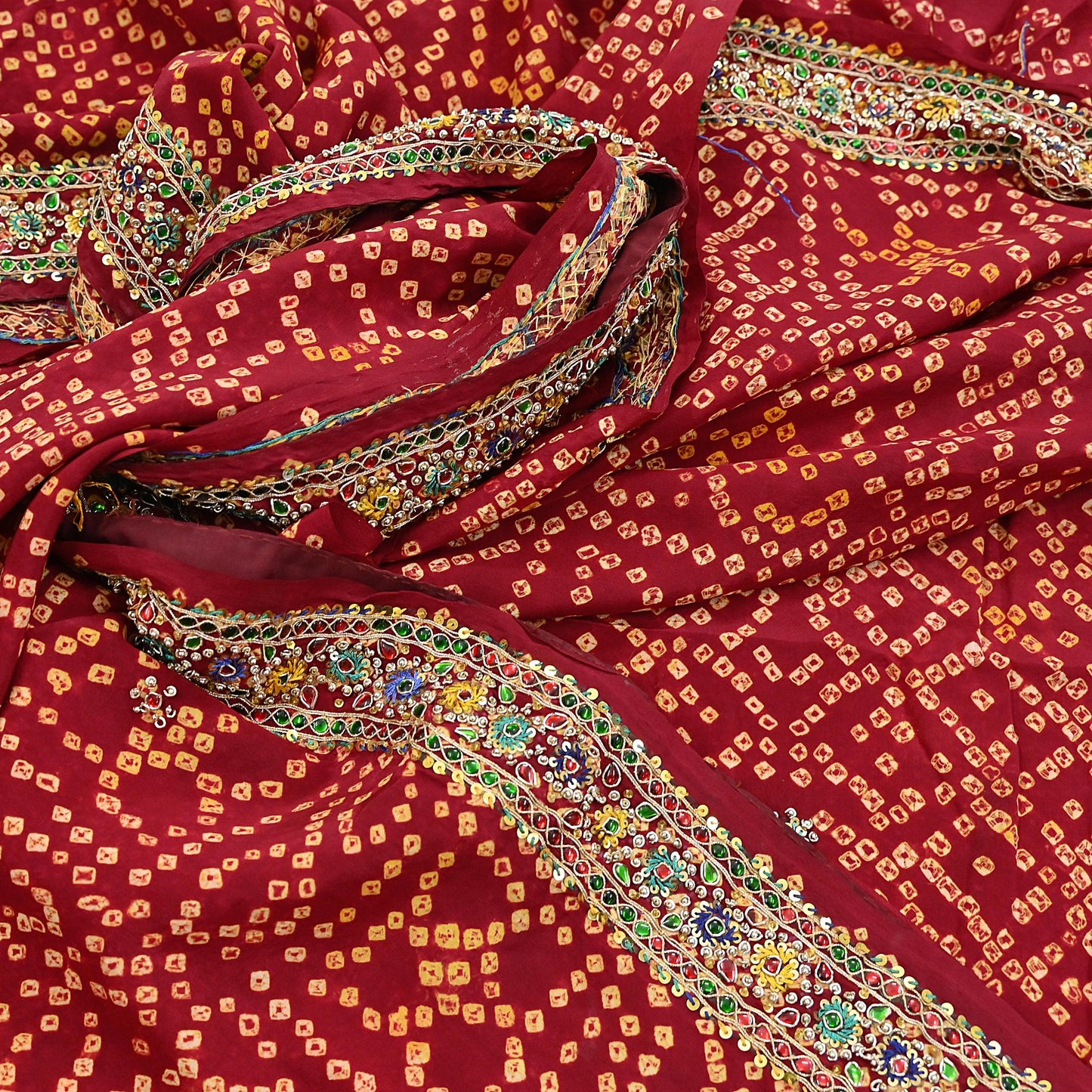 Indian Vintage Maroon Saree Hand Embroidered Bandhani Printed Sari 100% Pure Crepe Silk Indian Sari Fabric 5yard Soft Craft Fabric Beaded