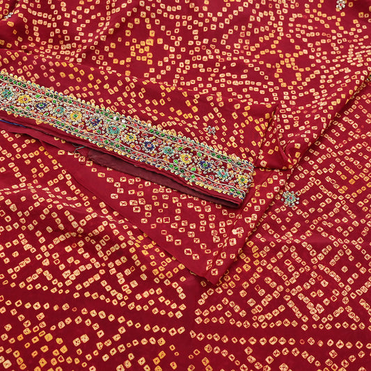 Indian Vintage Maroon Saree Hand Embroidered Bandhani Printed Sari 100% Pure Crepe Silk Indian Sari Fabric 5yard Soft Craft Fabric Beaded