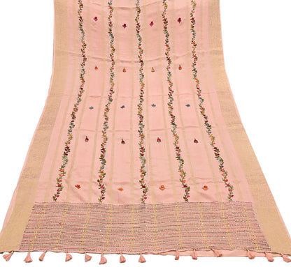 Indian Vintage Heavy Peach Saree Blend Cotton Hand Embroidered Sari Craft Fabric 6yd Soft Zari Sequins Sewing Dress making Wedding Sari