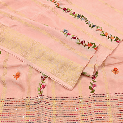 Indian Vintage Heavy Peach Saree Blend Cotton Hand Embroidered Sari Craft Fabric 6yd Soft Zari Sequins Sewing Dress making Wedding Sari