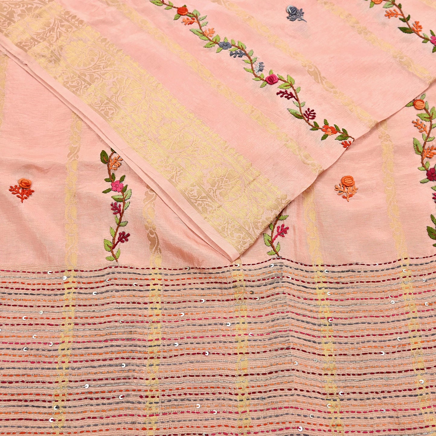 Indian Vintage Heavy Peach Saree Blend Cotton Hand Embroidered Sari Craft Fabric 6yd Soft Zari Sequins Sewing Dress making Wedding Sari