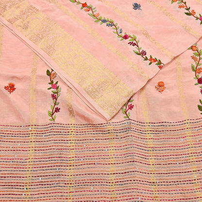 Indian Vintage Heavy Peach Saree Blend Cotton Hand Embroidered Sari Craft Fabric 6yd Soft Zari Sequins Sewing Dress making Wedding Sari