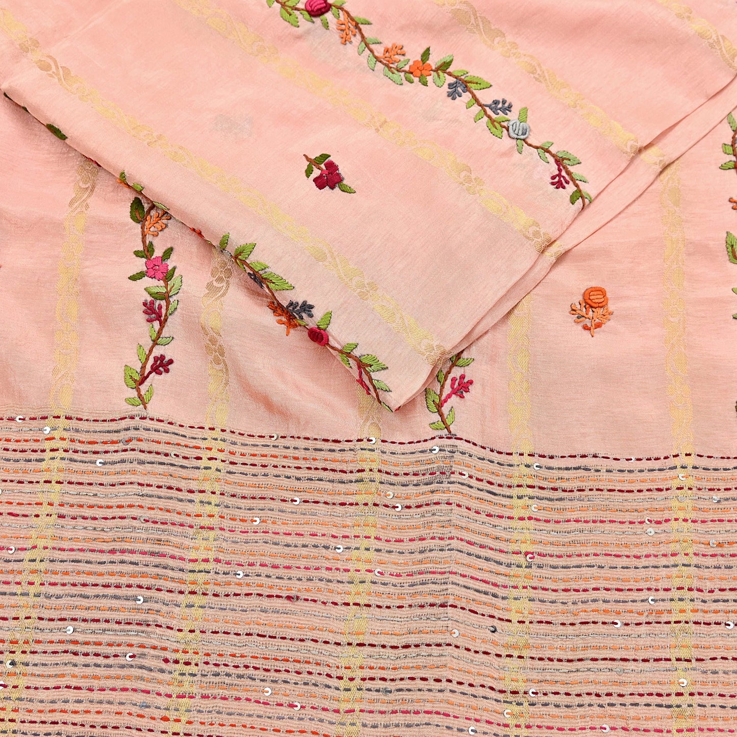Indian Vintage Heavy Peach Saree Blend Cotton Hand Embroidered Sari Craft Fabric 6yd Soft Zari Sequins Sewing Dress making Wedding Sari
