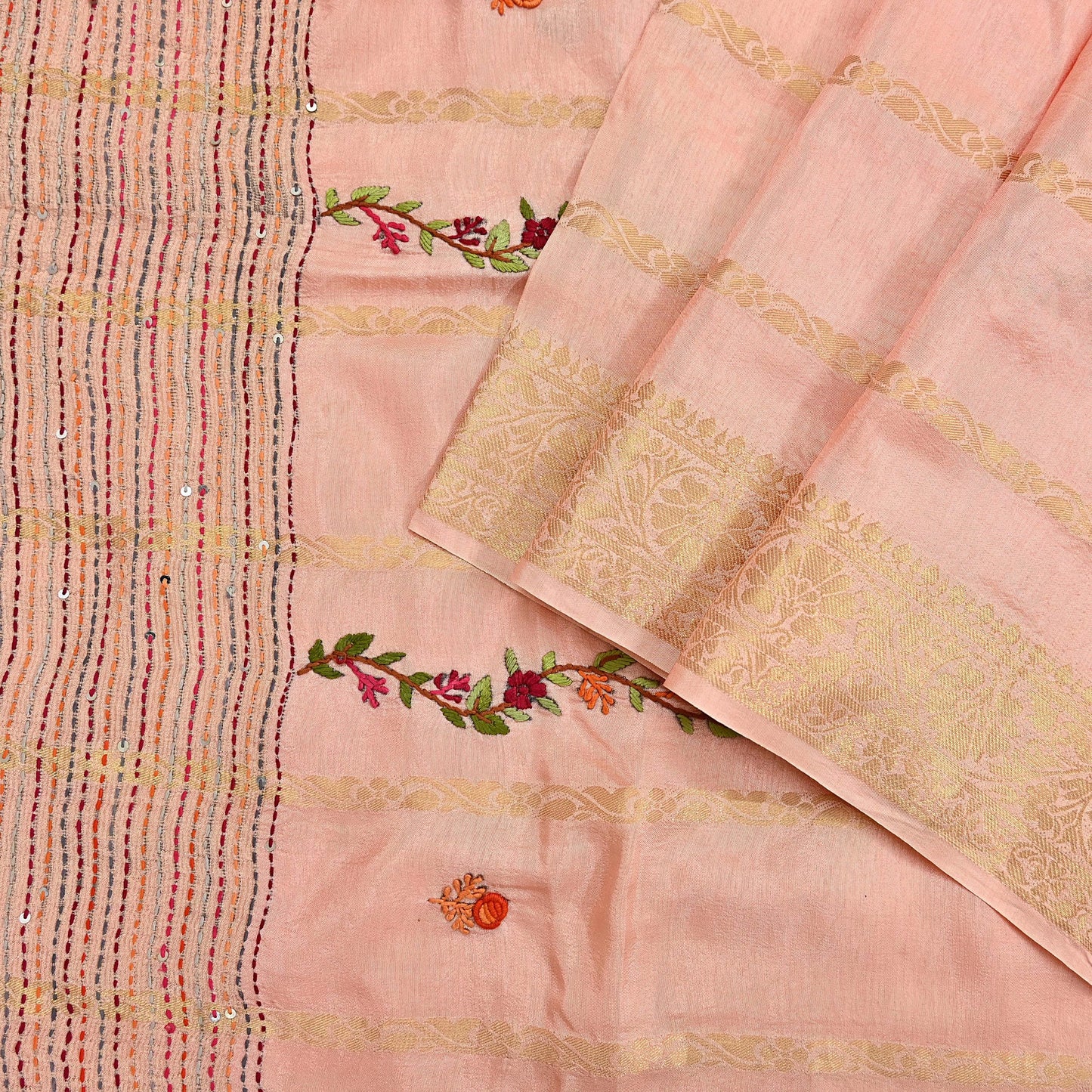 Indian Vintage Heavy Peach Saree Blend Cotton Hand Embroidered Sari Craft Fabric 6yd Soft Zari Sequins Sewing Dress making Wedding Sari