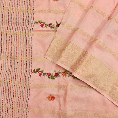 Indian Vintage Heavy Peach Saree Blend Cotton Hand Embroidered Sari Craft Fabric 6yd Soft Zari Sequins Sewing Dress making Wedding Sari