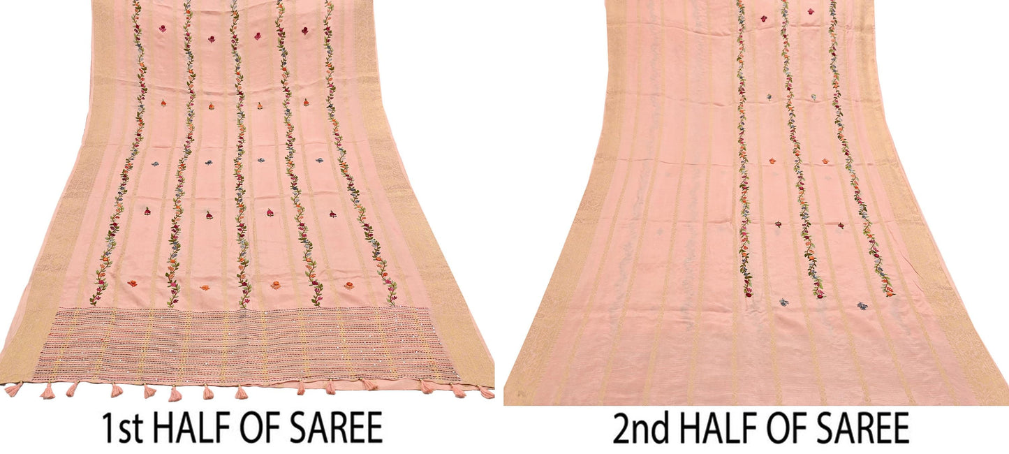 Indian Vintage Heavy Peach Saree Blend Cotton Hand Embroidered Sari Craft Fabric 6yd Soft Zari Sequins Sewing Dress making Wedding Sari