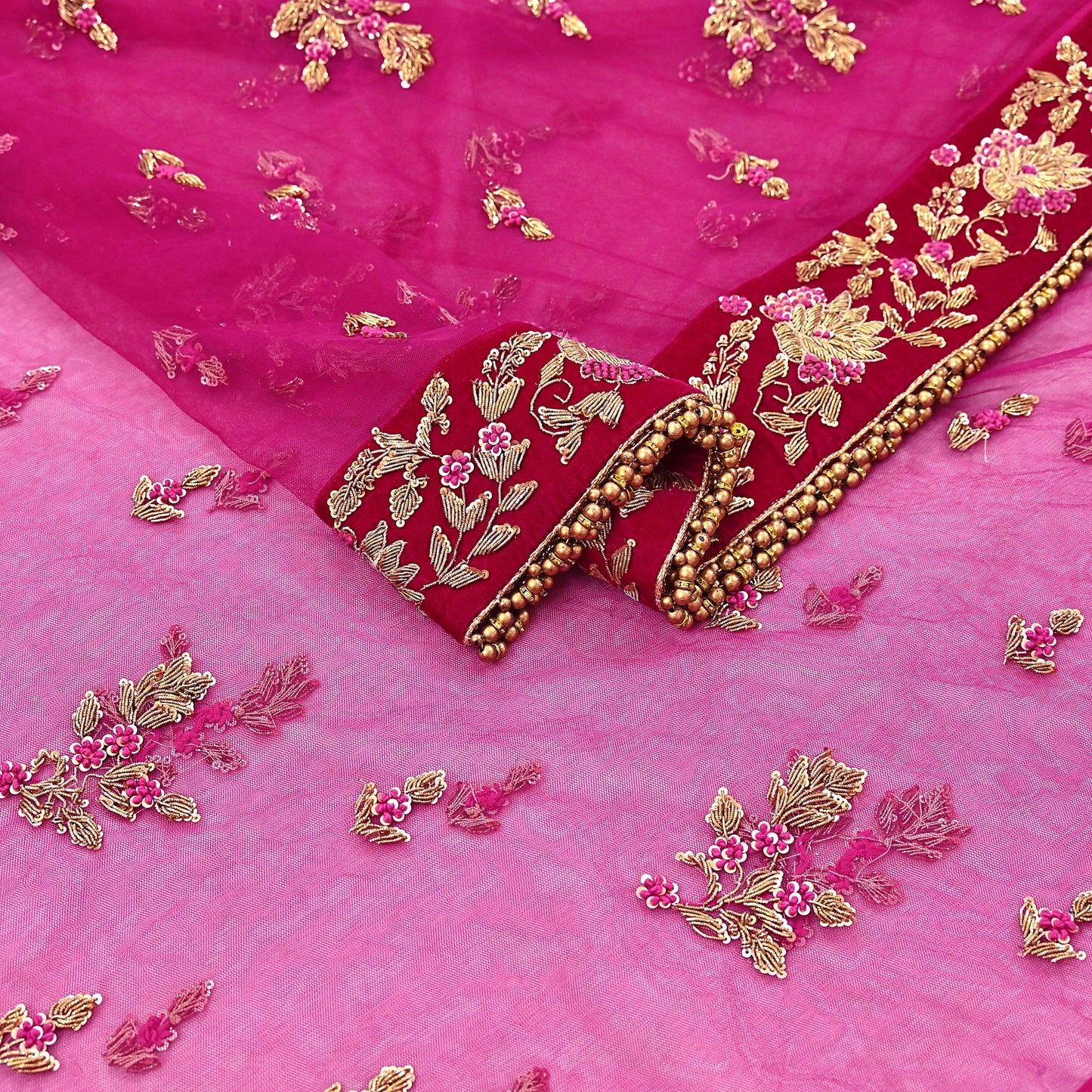 Indian Vintage Heavy Rani pink Net/Mesh Hand Embroidered Dupatta Designer By Manish Malhotra Bridal Wear Zardozi Veil Hijab