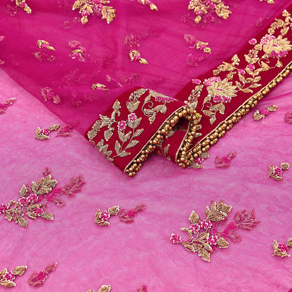 Indian Vintage Heavy Rani pink Net/Mesh Hand Embroidered Dupatta Designer By Manish Malhotra Bridal Wear Zardozi Veil Hijab