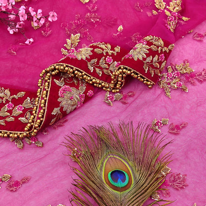 Indian Vintage Heavy Rani pink Net/Mesh Hand Embroidered Dupatta Designer By Manish Malhotra Bridal Wear Zardozi Veil Hijab