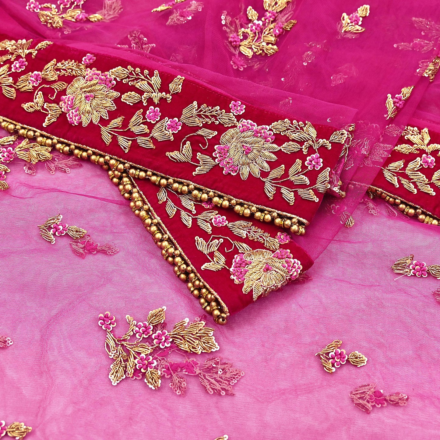 Indian Vintage Heavy Rani pink Net/Mesh Hand Embroidered Dupatta Designer By Manish Malhotra Bridal Wear Zardozi Veil Hijab