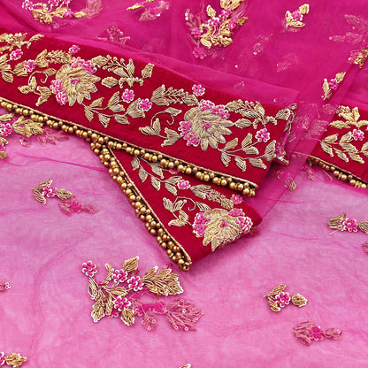 Indian Vintage Heavy Rani pink Net/Mesh Hand Embroidered Dupatta Designer By Manish Malhotra Bridal Wear Zardozi Veil Hijab