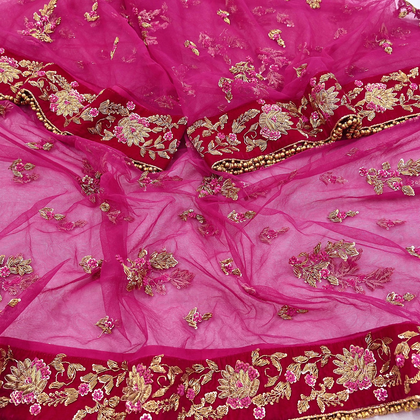 Indian Vintage Heavy Rani pink Net/Mesh Hand Embroidered Dupatta Designer By Manish Malhotra Bridal Wear Zardozi Veil Hijab