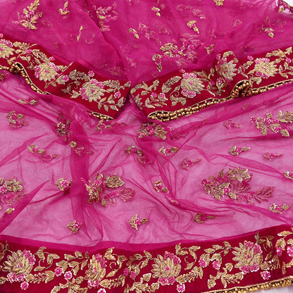 Indian Vintage Heavy Rani pink Net/Mesh Hand Embroidered Dupatta Designer By Manish Malhotra Bridal Wear Zardozi Veil Hijab