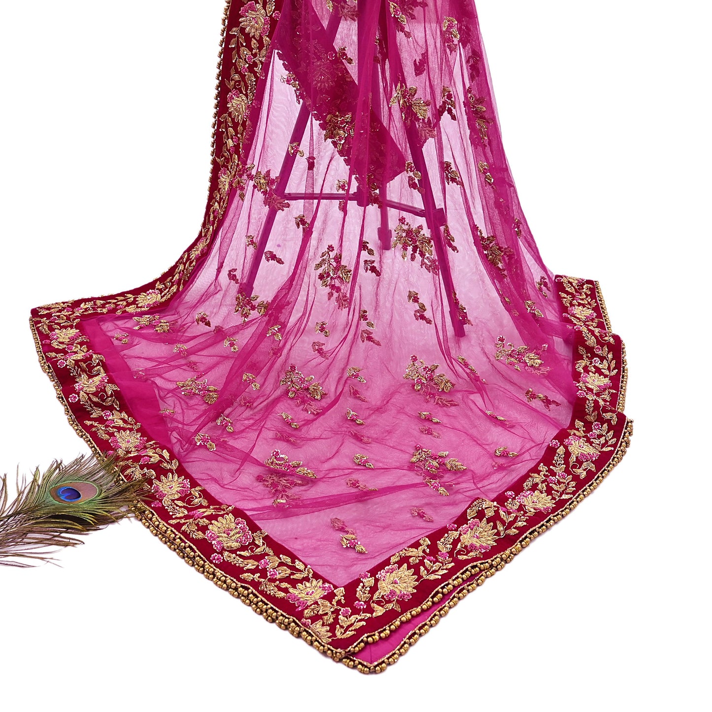 Indian Vintage Heavy Rani pink Net/Mesh Hand Embroidered Dupatta Designer By Manish Malhotra Bridal Wear Zardozi Veil Hijab