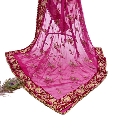 Indian Vintage Heavy Rani pink Net/Mesh Hand Embroidered Dupatta Designer By Manish Malhotra Bridal Wear Zardozi Veil Hijab