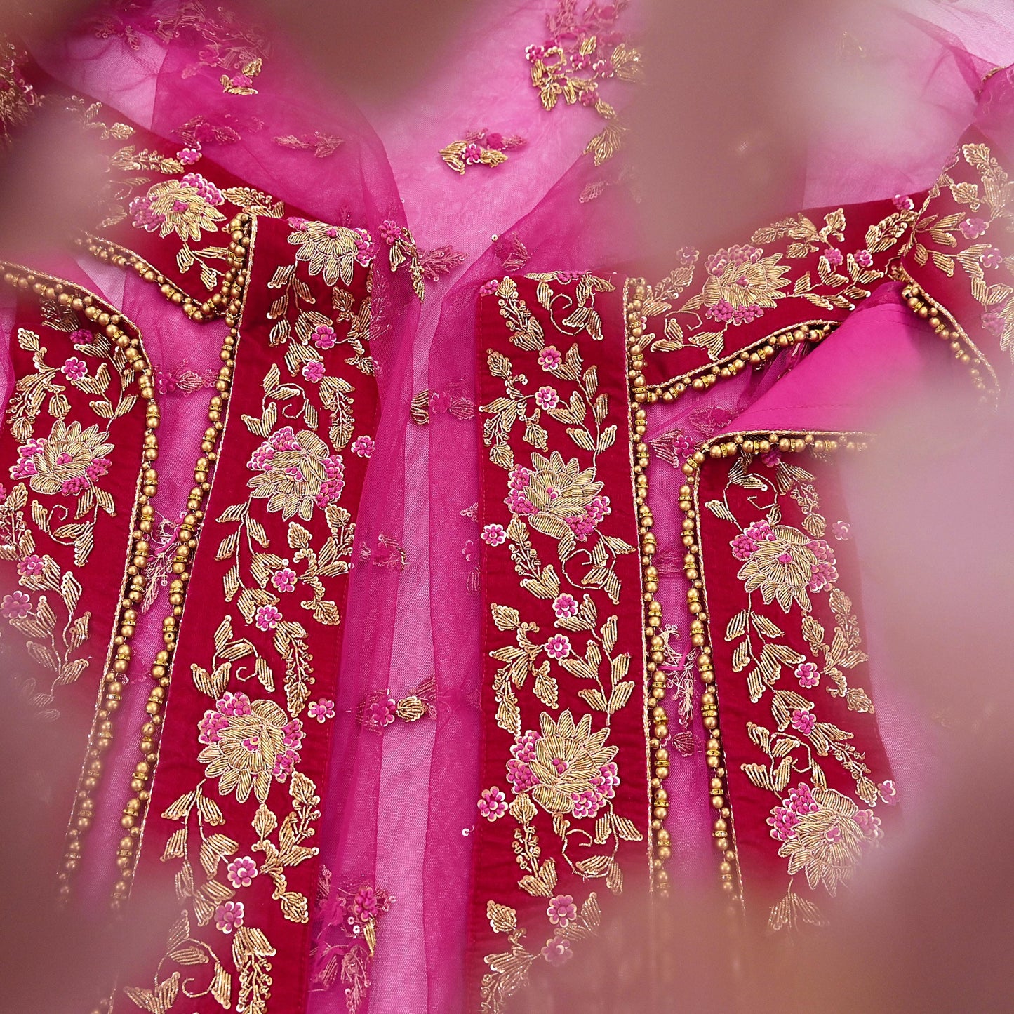 Indian Vintage Heavy Rani pink Net/Mesh Hand Embroidered Dupatta Designer By Manish Malhotra Bridal Wear Zardozi Veil Hijab
