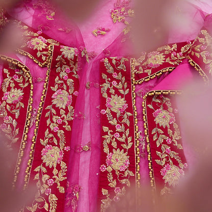 Indian Vintage Heavy Rani pink Net/Mesh Hand Embroidered Dupatta Designer By Manish Malhotra Bridal Wear Zardozi Veil Hijab