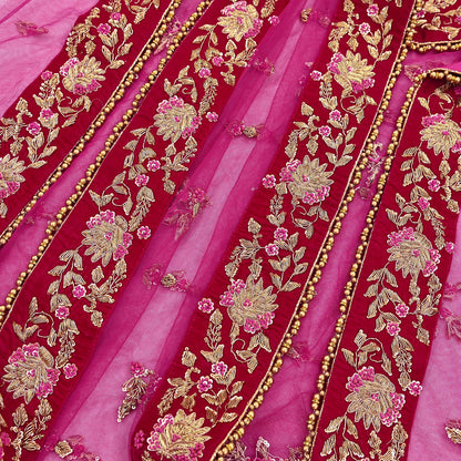 Indian Vintage Heavy Rani pink Net/Mesh Hand Embroidered Dupatta Designer By Manish Malhotra Bridal Wear Zardozi Veil Hijab