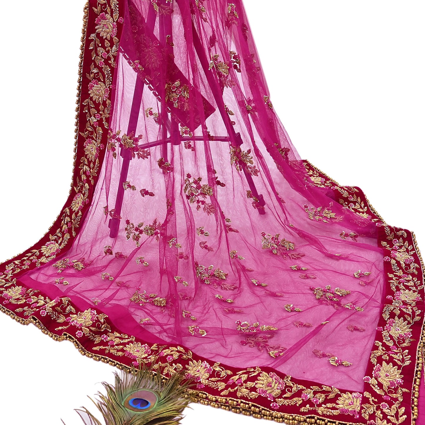 Indian Vintage Heavy Rani pink Net/Mesh Hand Embroidered Dupatta Designer By Manish Malhotra Bridal Wear Zardozi Veil Hijab