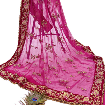 Indian Vintage Heavy Rani pink Net/Mesh Hand Embroidered Dupatta Designer By Manish Malhotra Bridal Wear Zardozi Veil Hijab