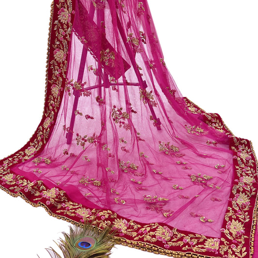 Indian Vintage Heavy Rani pink Net/Mesh Hand Embroidered Dupatta Designer By Manish Malhotra Bridal Wear Zardozi Veil Hijab