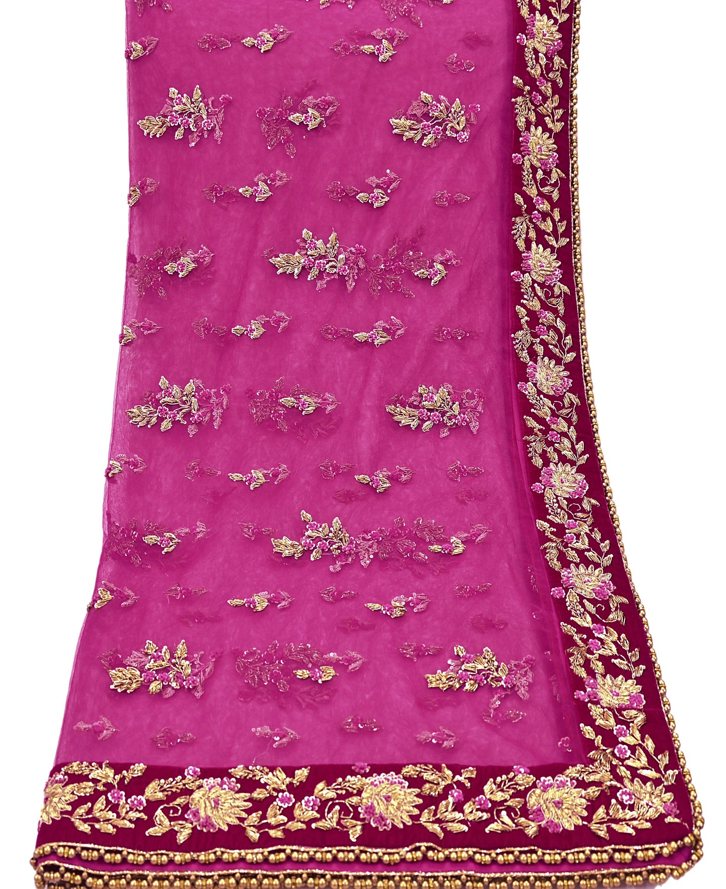 Indian Vintage Heavy Rani pink Net/Mesh Hand Embroidered Dupatta Designer By Manish Malhotra Bridal Wear Zardozi Veil Hijab