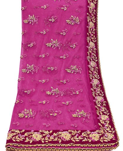 Indian Vintage Heavy Rani pink Net/Mesh Hand Embroidered Dupatta Designer By Manish Malhotra Bridal Wear Zardozi Veil Hijab