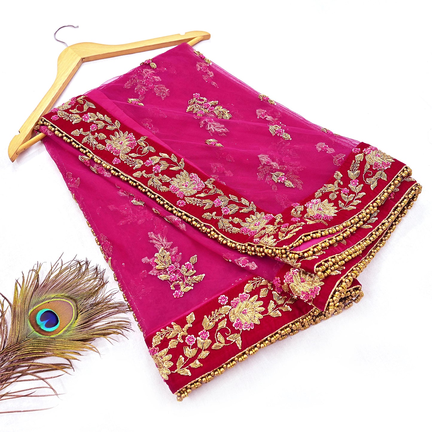 Indian Vintage Heavy Rani pink Net/Mesh Hand Embroidered Dupatta Designer By Manish Malhotra Bridal Wear Zardozi Veil Hijab