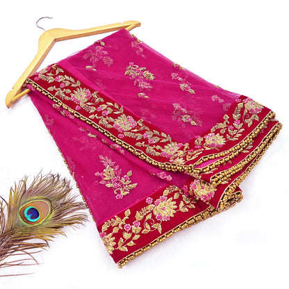 Indian Vintage Heavy Rani pink Net/Mesh Hand Embroidered Dupatta Designer By Manish Malhotra Bridal Wear Zardozi Veil Hijab