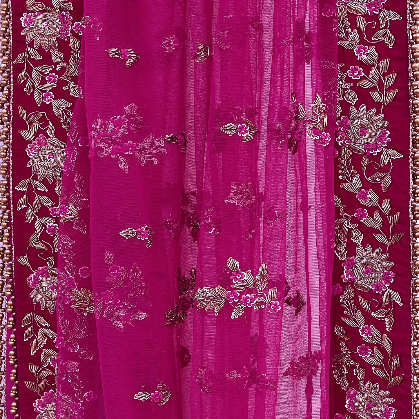 Indian Vintage Heavy Rani pink Net/Mesh Hand Embroidered Dupatta Designer By Manish Malhotra Bridal Wear Zardozi Veil Hijab