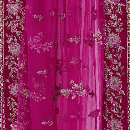 Indian Vintage Heavy Rani pink Net/Mesh Hand Embroidered Dupatta Designer By Manish Malhotra Bridal Wear Zardozi Veil Hijab