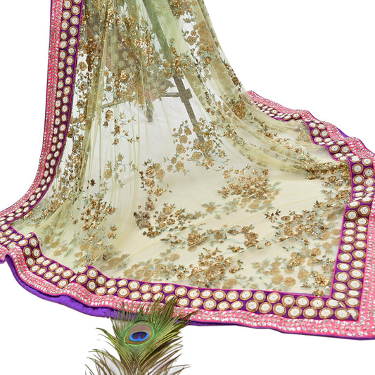 Indian Vintage Heavy Wedding Dupatta Sage Green Net Long Stole Hand Embroidered By Designer Sabyasachi Scarves Zardozi Bridal Veil