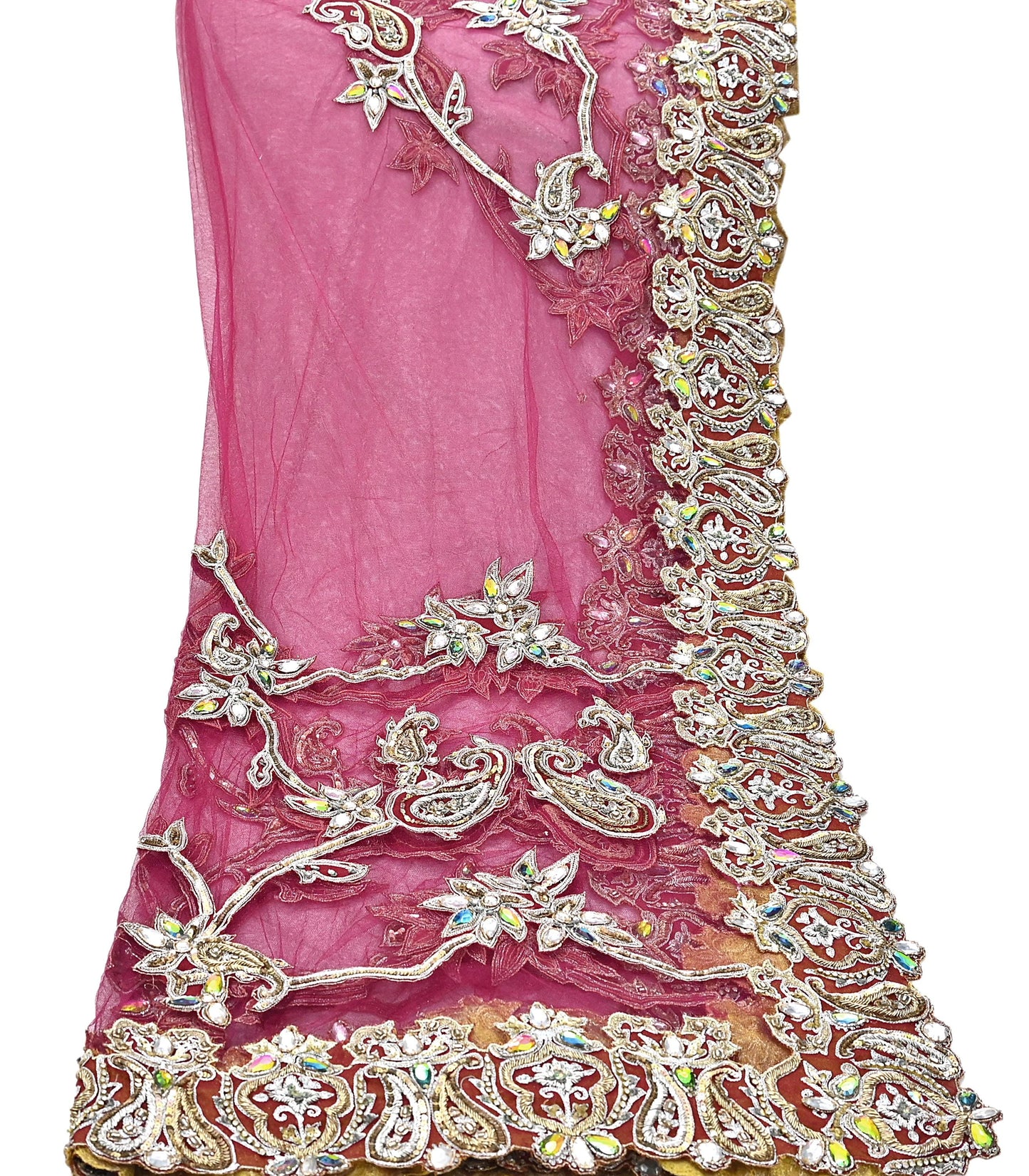 Indian Vintage Heavy Wedding pink Net/Mesh Hand Embroidered Dupatta Designer By Manish Malhotra Bridal Wear Zardozi Veil Hijab