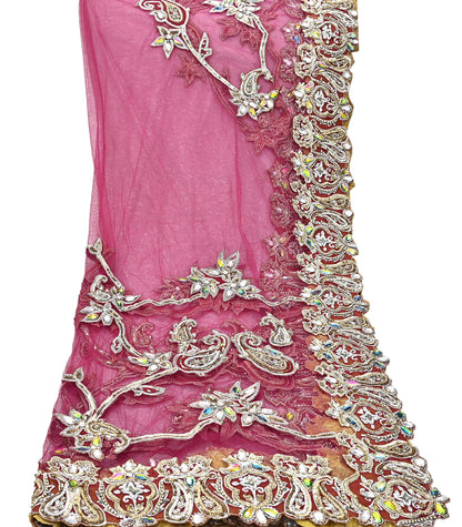 Indian Vintage Heavy Wedding pink Net/Mesh Hand Embroidered Dupatta Designer By Manish Malhotra Bridal Wear Zardozi Veil Hijab