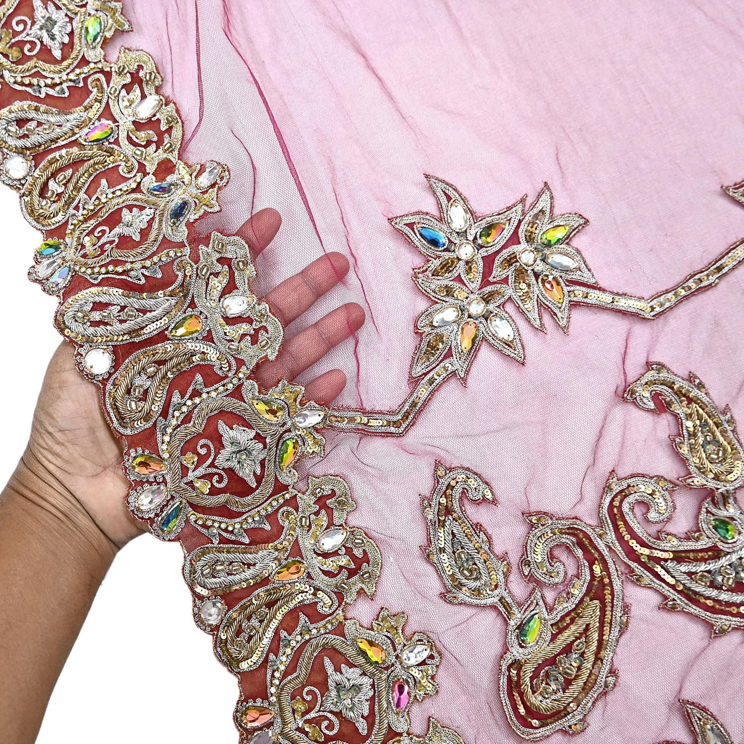 Indian Vintage Heavy Wedding pink Net/Mesh Hand Embroidered Dupatta Designer By Manish Malhotra Bridal Wear Zardozi Veil Hijab