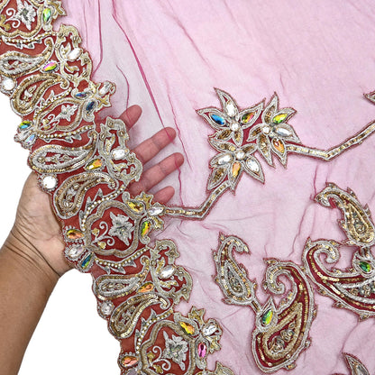 Indian Vintage Heavy Wedding pink Net/Mesh Hand Embroidered Dupatta Designer By Manish Malhotra Bridal Wear Zardozi Veil Hijab