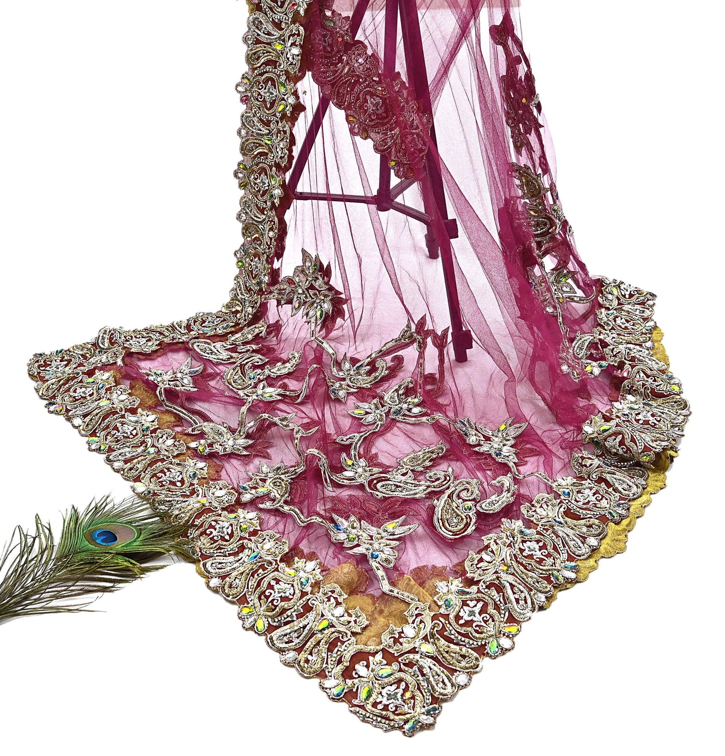 Indian Vintage Heavy Wedding pink Net/Mesh Hand Embroidered Dupatta Designer By Manish Malhotra Bridal Wear Zardozi Veil Hijab