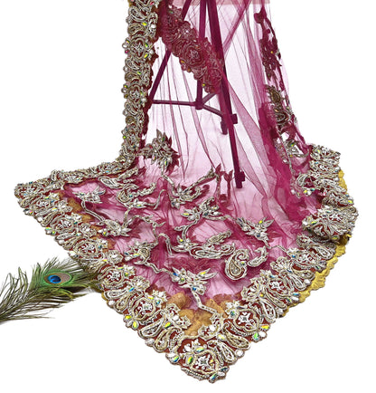 Indian Vintage Heavy Wedding pink Net/Mesh Hand Embroidered Dupatta Designer By Manish Malhotra Bridal Wear Zardozi Veil Hijab